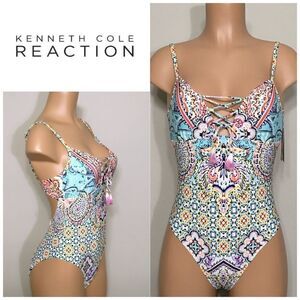 Kenneth Cole lace-up tile swimsuit. NWT